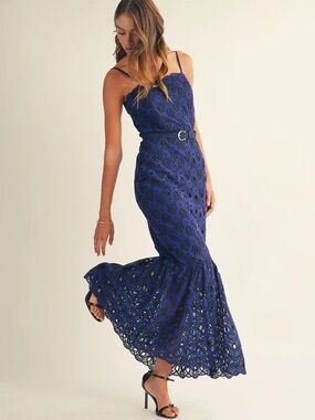 706. Just Me Blue Lace Maxi Dress with Belted Waist